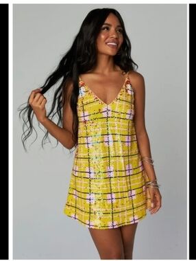 Buddy Love Yellow Plaid Sequin Dress NWT